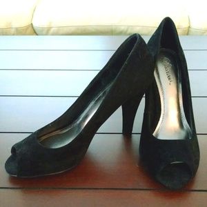 Black Suede Peep Toe Heels